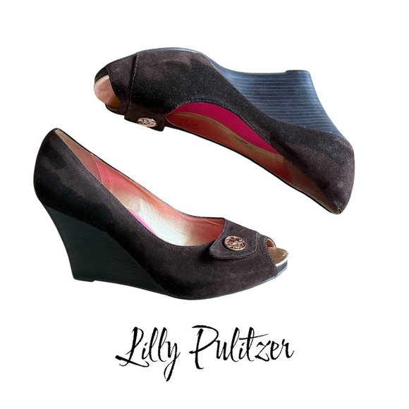 Lilly Pulitzer Brown Suede Peep Toe Wedges - Picture 2 of 12